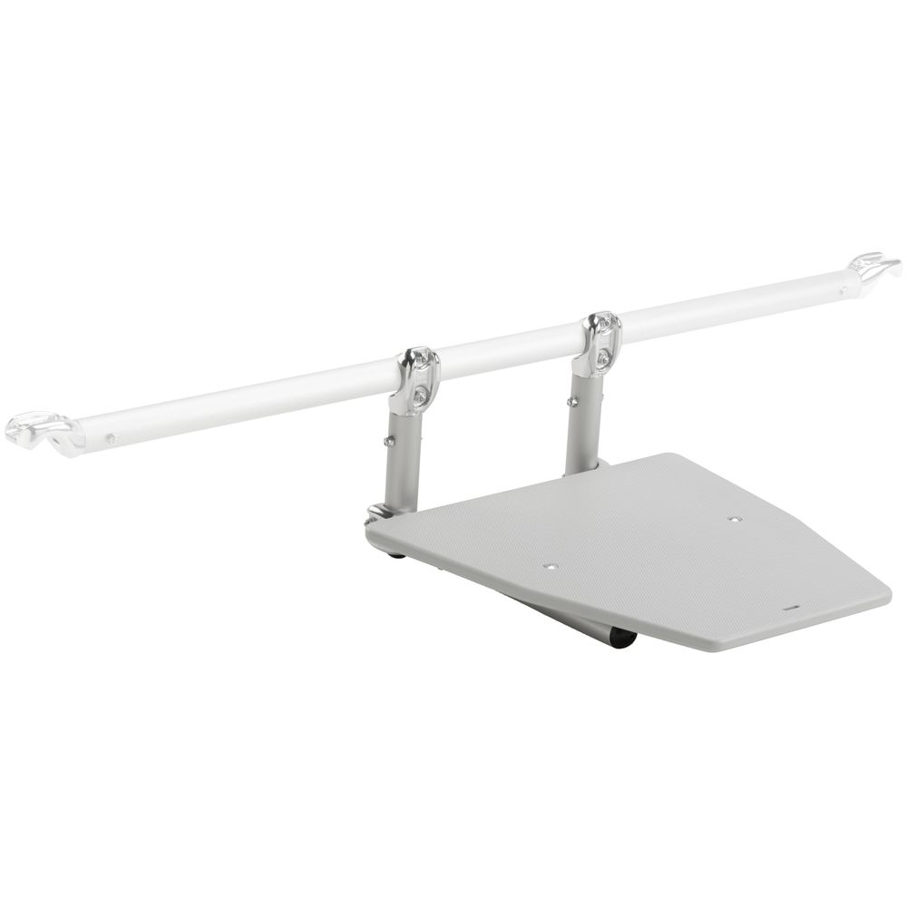 A wall-mounted ironing board featuring Frame Casting Platforms by NRS, with a white metal hinge, extended and ready for use.