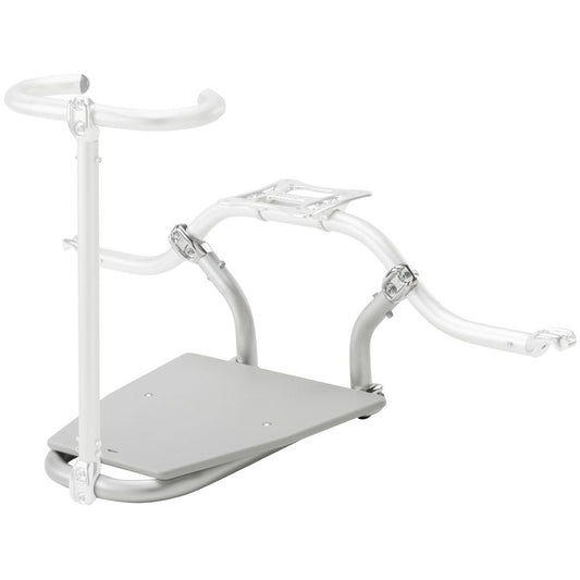 The NRS Front Casting Platform for Thigh Hook is a minimalist white and gray standing aid frame with a curved handlebar and non-slip platform, designed to assist individuals with mobility support.