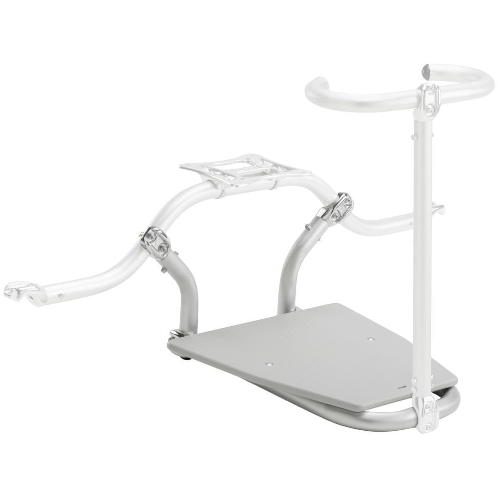 The NRS Front Casting Platform for Thigh Hook is a metal scooter attachment featuring two curved handlebars, a wide non-slip platform for secure footing, and a vertical support bar.