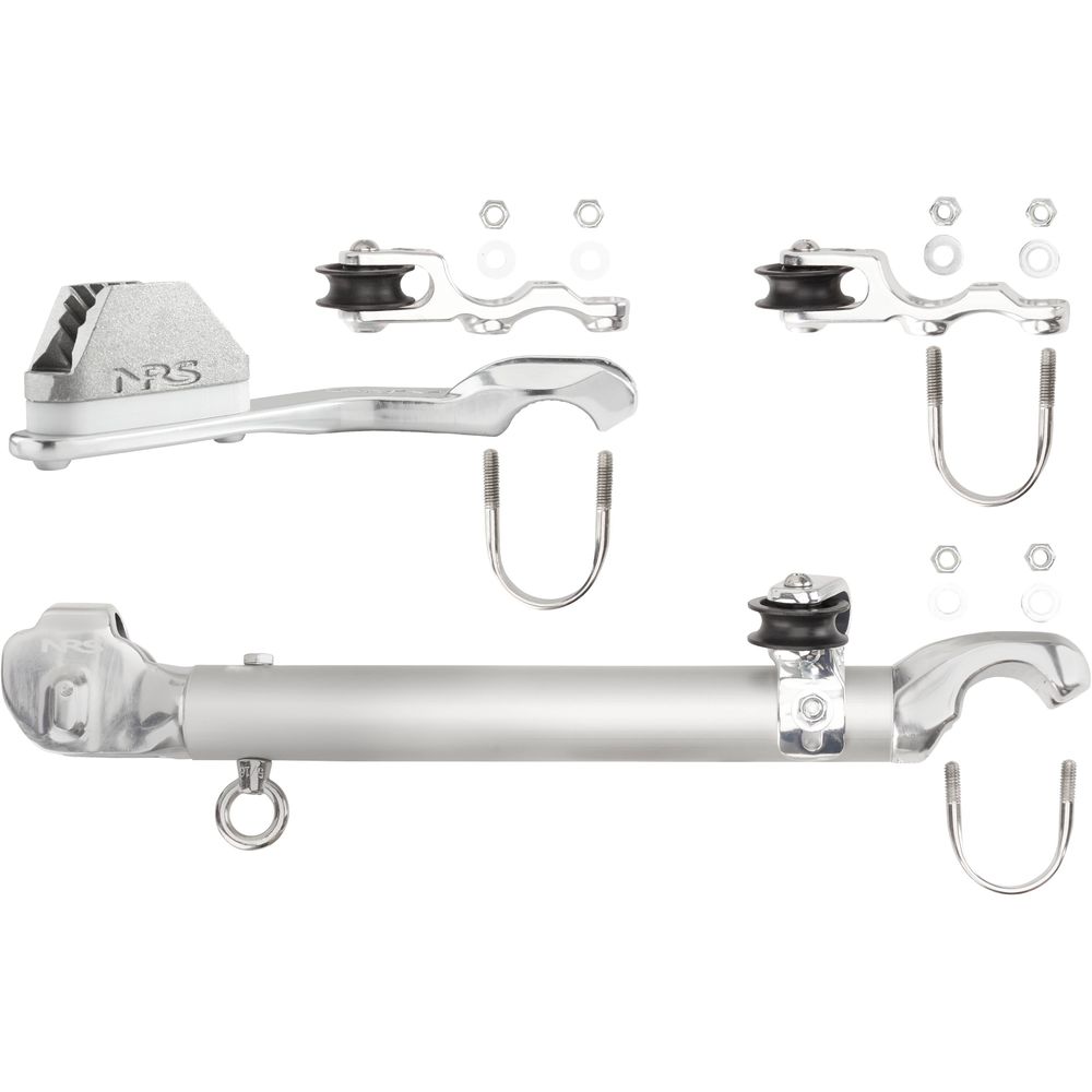 Silver NRS oar mounts and hardware set, featuring U-bolts and nuts, designed for attaching oars to the Frame Anchor System with 2:1 on a boat's stern.