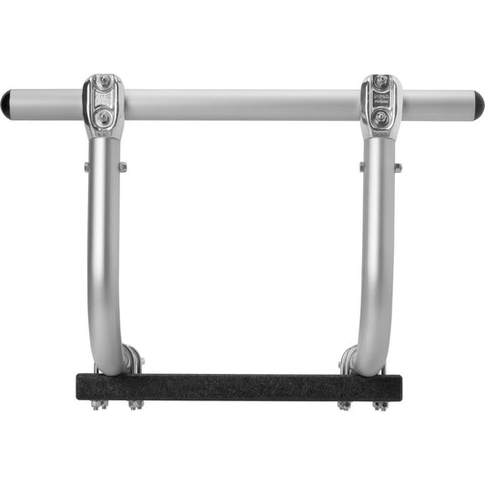 The NRS Raft Frame Motor Mount, made of metal, features a sleek transom plate and is securely attached to a robust wall bracket, viewed from the front.