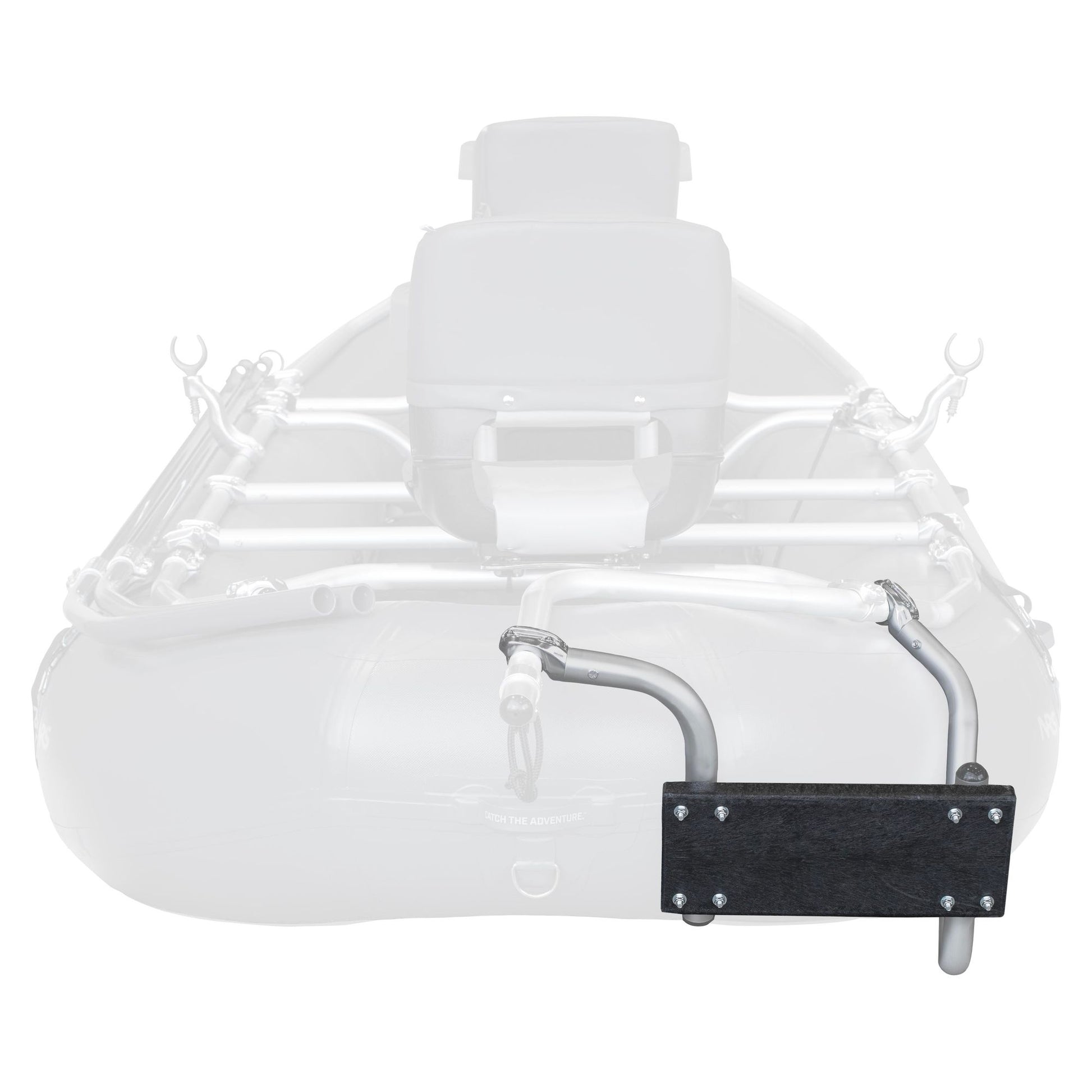 A black and silver NRS Slipstream Motor Mount is attached to a partially transparent inflatable boat frame, making it perfect for fishing rafts and effortless navigation in shallow flats.