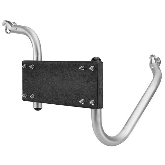 Inspired by the sturdy NRS Slipstream Motor Mount, this wall-mounted bike rack features metal and black plastic construction with two curved arms and secure attachment points.