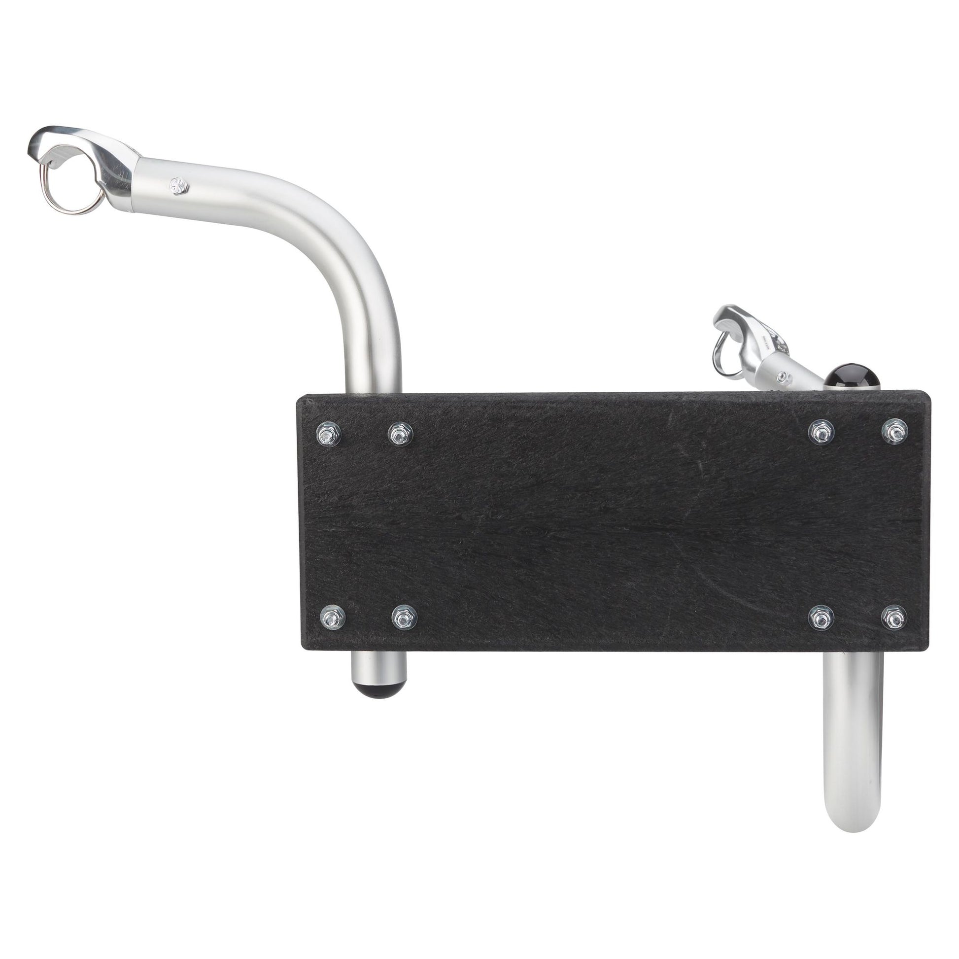 The NRS Slipstream Motor Mount is a metal wall-mounted bike rack featuring a rectangular black platform and two curved hooks, offering stability inspired by shallow flats navigation—just like it secures fishing rafts.