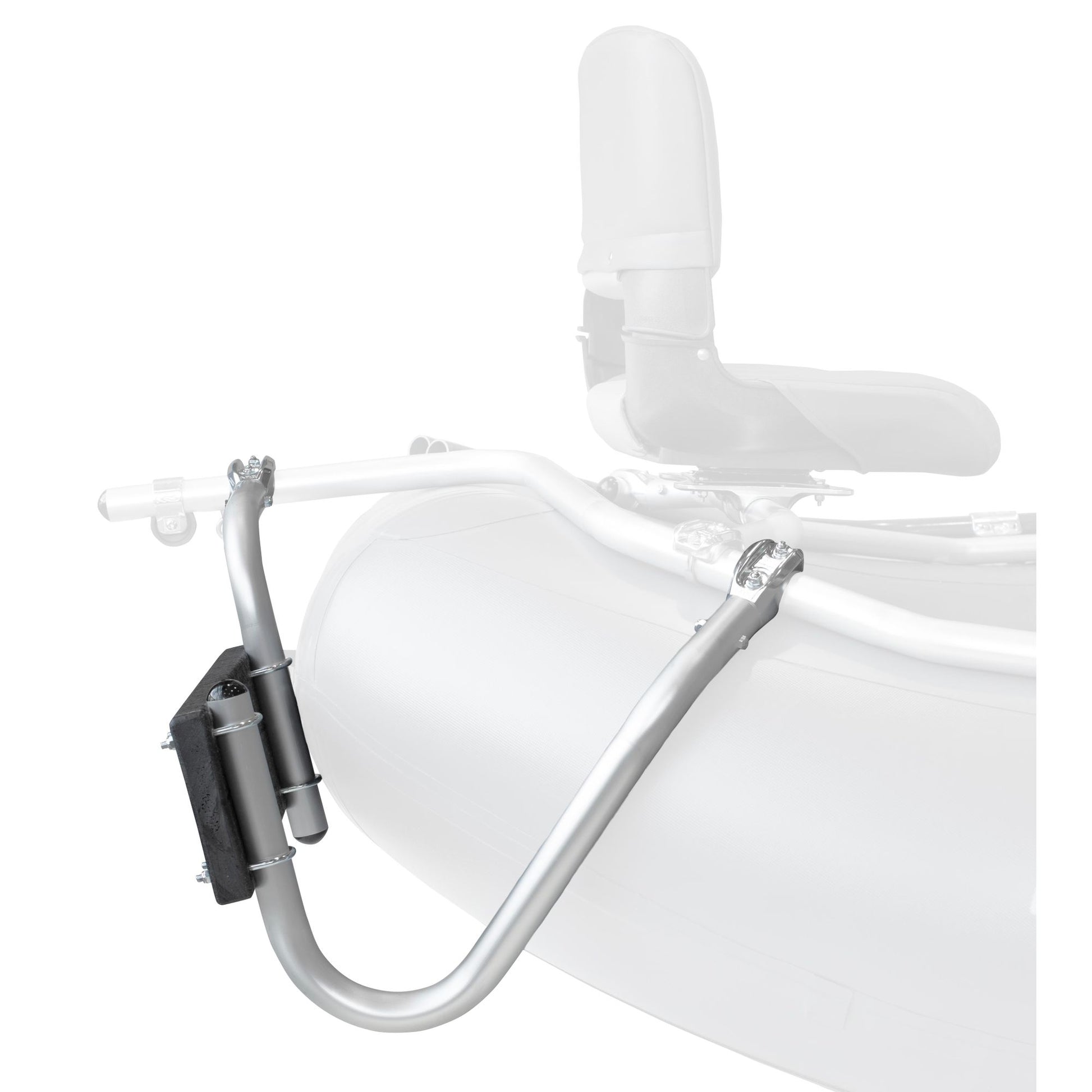 The NRS Slipstream Motor Mount attaches to the side of an inflatable pontoon boat, with the fishing raft shown faded in the background—perfect for navigating shallow flats.