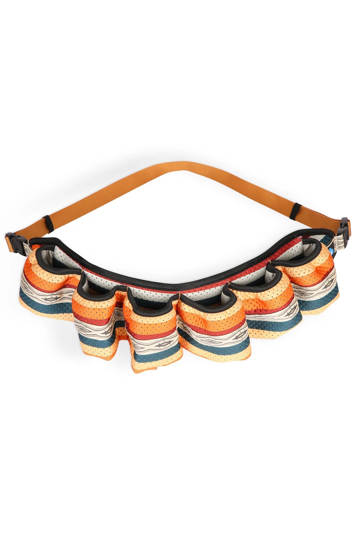 The Kavu Beer Buddy by Kavu is a multicolored fabric crossbody beverage holder with several pouches and an adjustable strap to keep drinks cold, shown against a white background.
