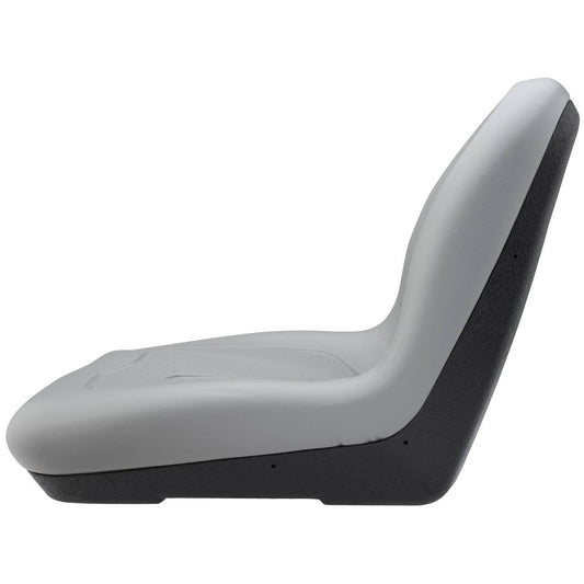 Side view of the gray NRS High Back Raft Seat, featuring a durable plastic build and contoured design with a black base on a white background. Compatible with the NRS Universal Seat Mount, it ensures comfort and durability for any adventure.