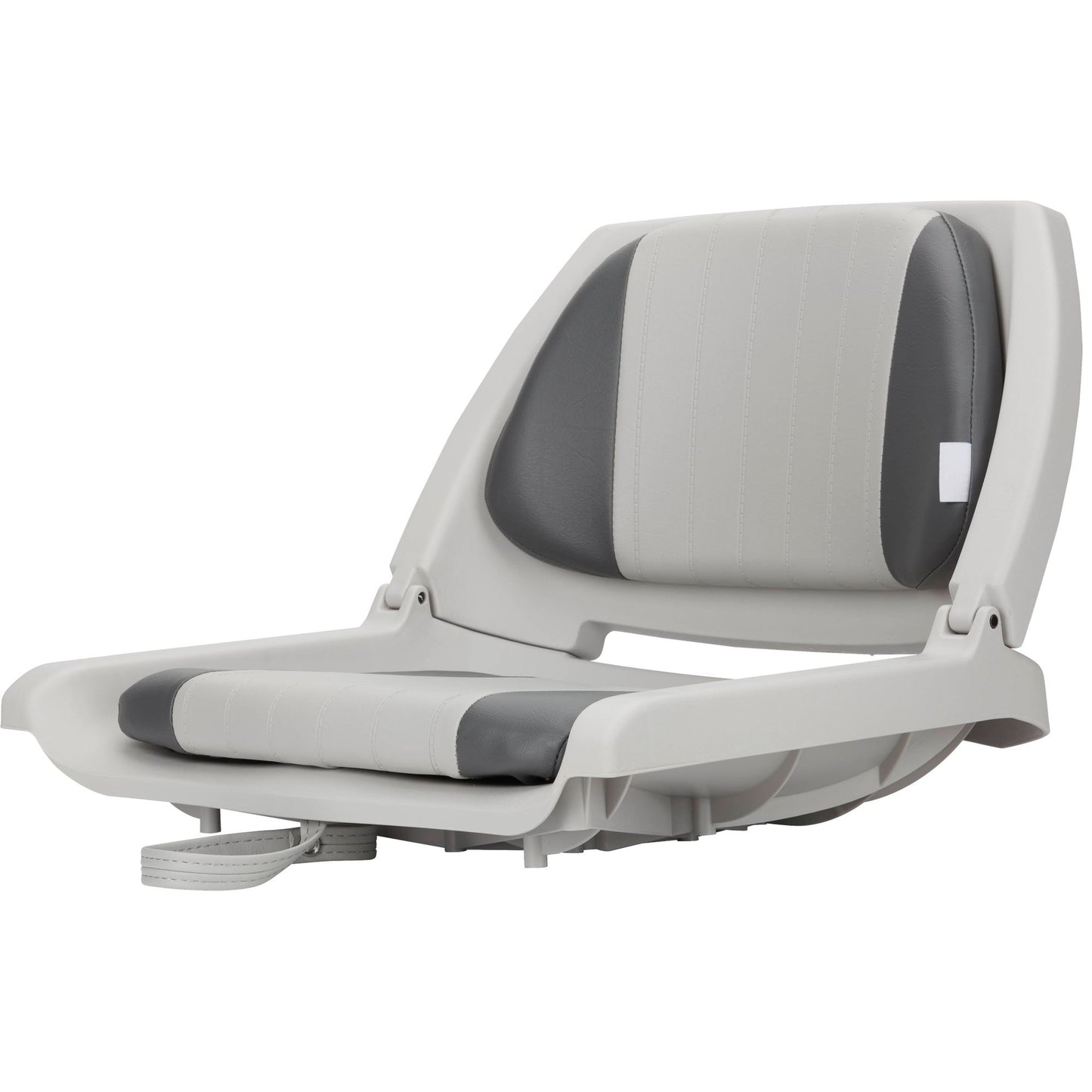 The NRS Folding Raft Seat features gray and light gray marine-grade vinyl, a cushioned backrest, and padded fold-down design—ideal for outdoor or marine use as a durable fishing raft seat.