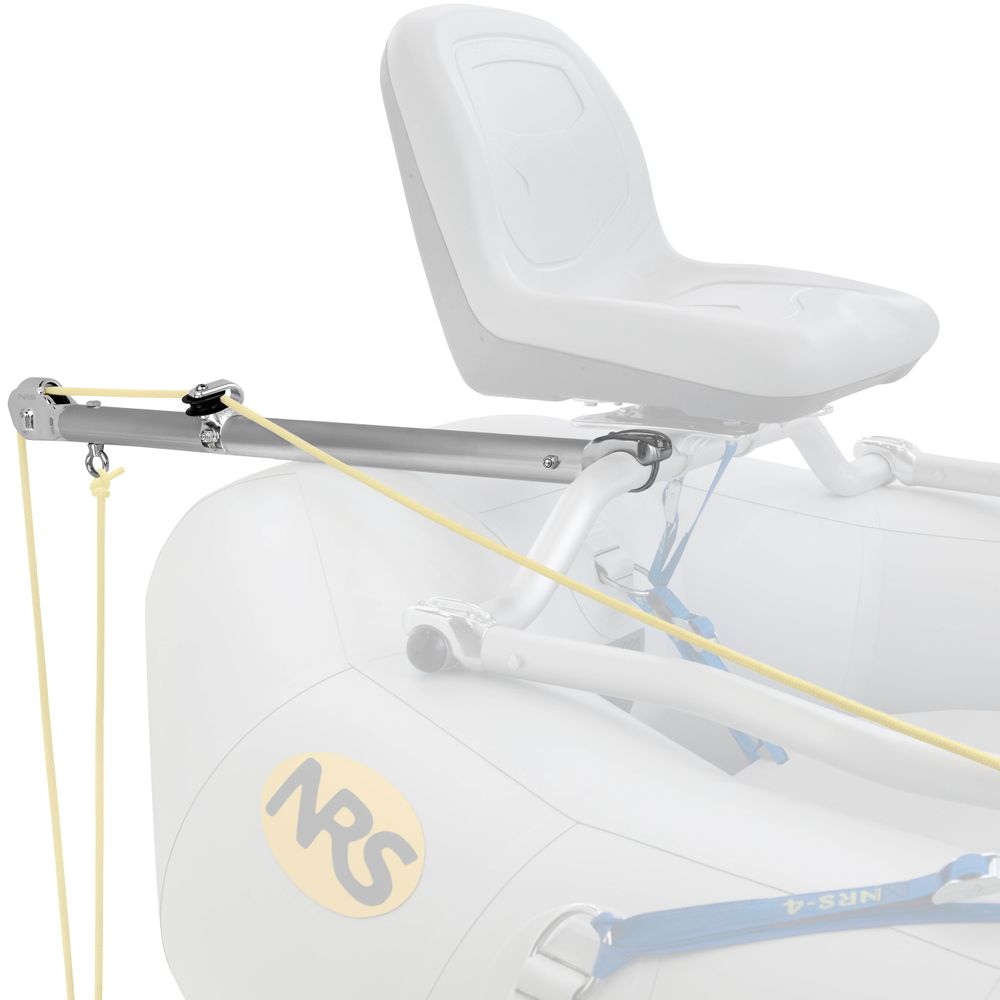 A white inflatable boat with an NRS logo, featuring a mounted seat, secured oar setup, and an integrated Frame Anchor System with 2:1.