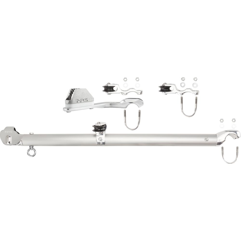 On a white background, a set of hardware components is displayed, featuring a long bar, clamps, mounting brackets, and an NRS Rope Jamb Cleat from the Frame Anchor System with 2:1.