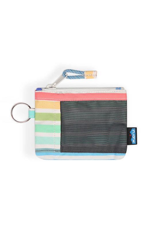 The Kavu Caskstash Wallet is a small, water-resistant zip pouch with a multicolored striped design, black mesh front pocket, key ring, and Kavu brand tag—perfect for keeping your essentials secure on the go.
