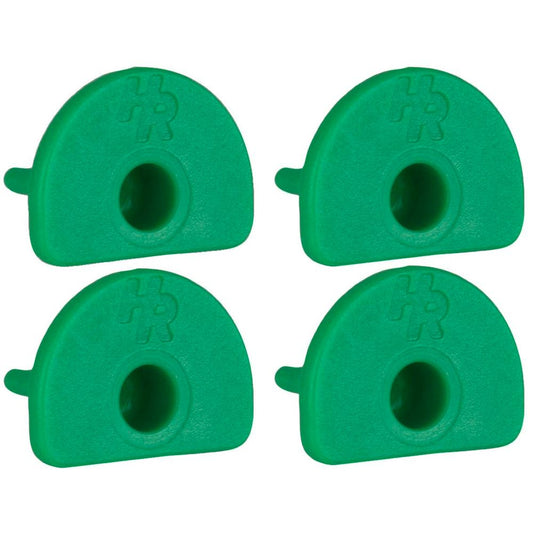 The NRS Self Inflating PFD CO2 Green Arming Pins include four semi-circular green plastic caps with a central hole, each having a small protrusion and marked with a stylized "K," designed to securely fit onto an inflatable PFD's CO2 inflation cylinder.