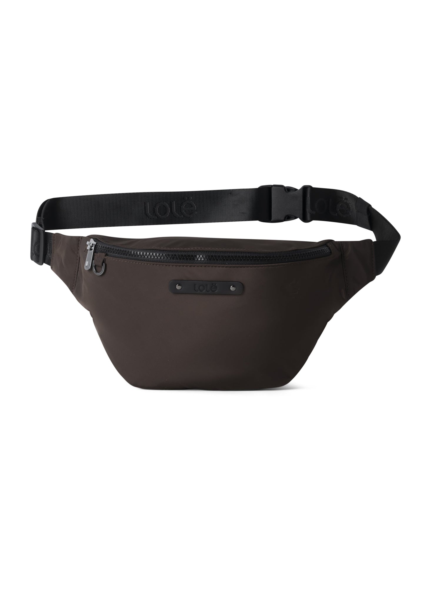 The Lole Taylor Belt Bag features a black design, zippered main compartment, adjustable strap, small front logo patch, and a convenient extra zippered pocket.