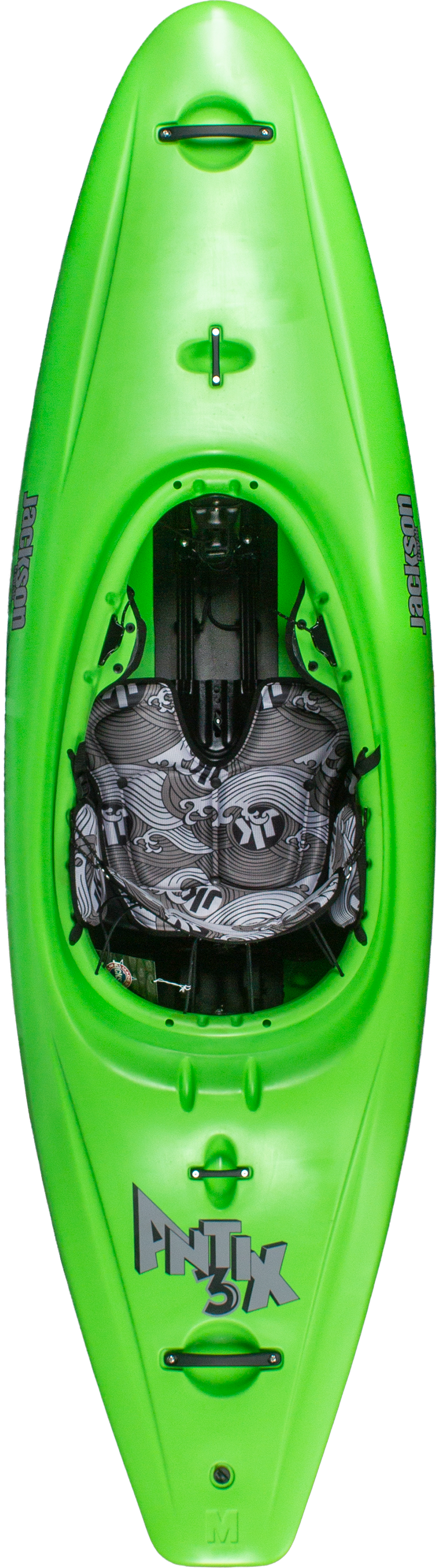 Bright green Jackson Kayak Antix 3.0 half slice kayak viewed from above, showcasing the cockpit, seat, and handles—a versatile whitewater kayak ideal for adventurous paddlers.
