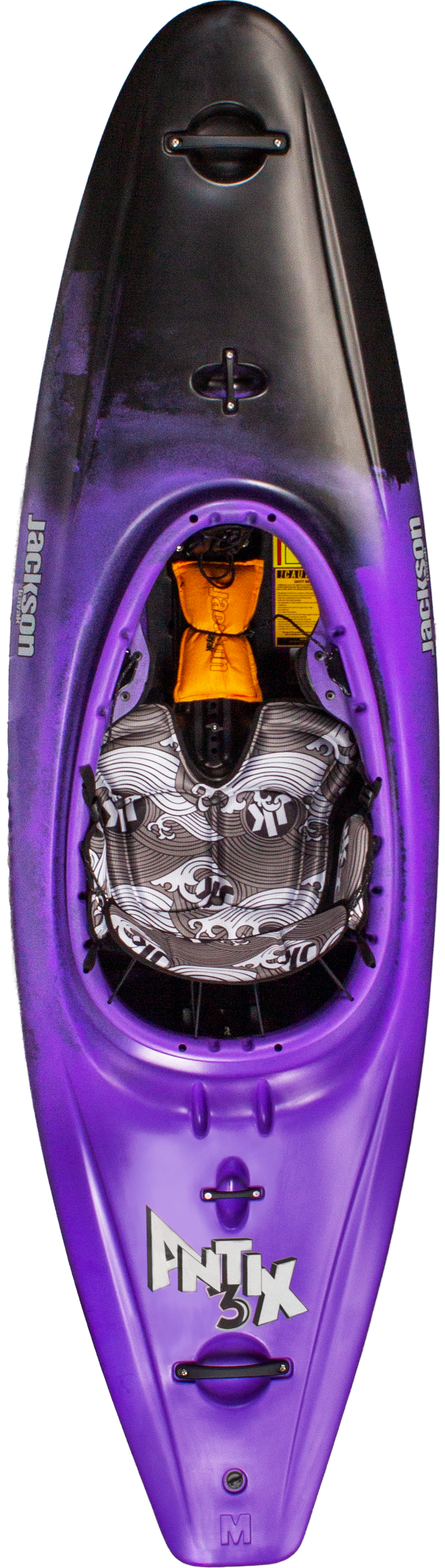A top-down view of the Jackson Kayak Antix 3.0 whitewater kayak in purple and black, featuring a patterned seat and visible footrests inside.