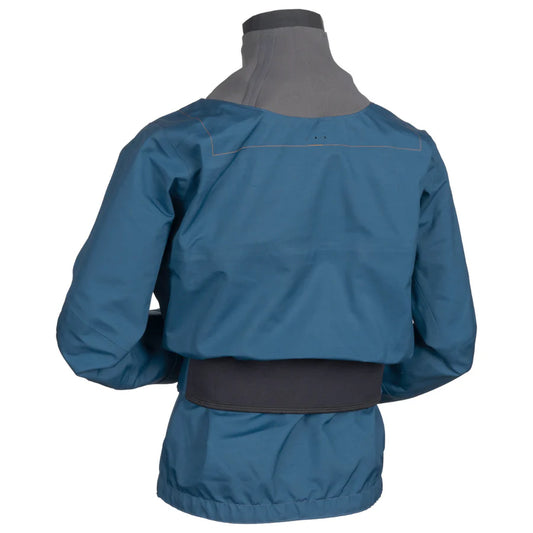 An Immersion Research Aphrodite Dry Top – Women's with a blue jacket featuring a grey collar, black waist panel, and long sleeves made from recycled polyester, displayed on a white background.