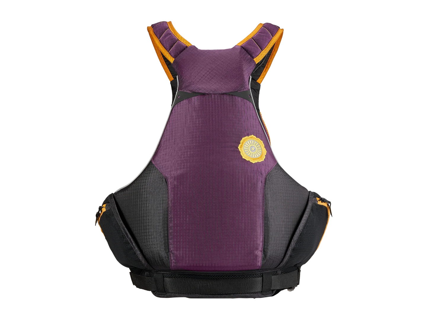 An Astral Bowen PFD with yellow and orange accents featuring on-jacket storage.