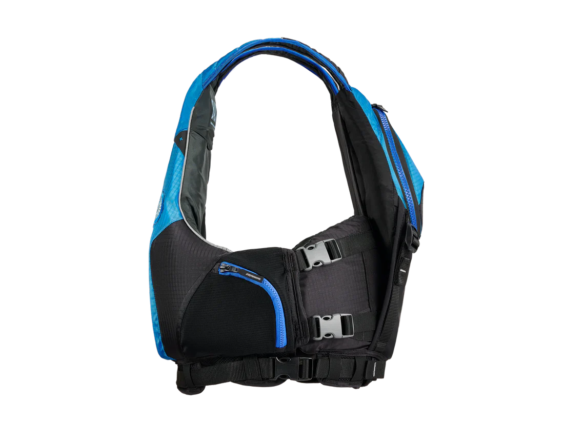 The back of a blue and black Bowen PFD backpack featuring on-jacket storage by Astral.