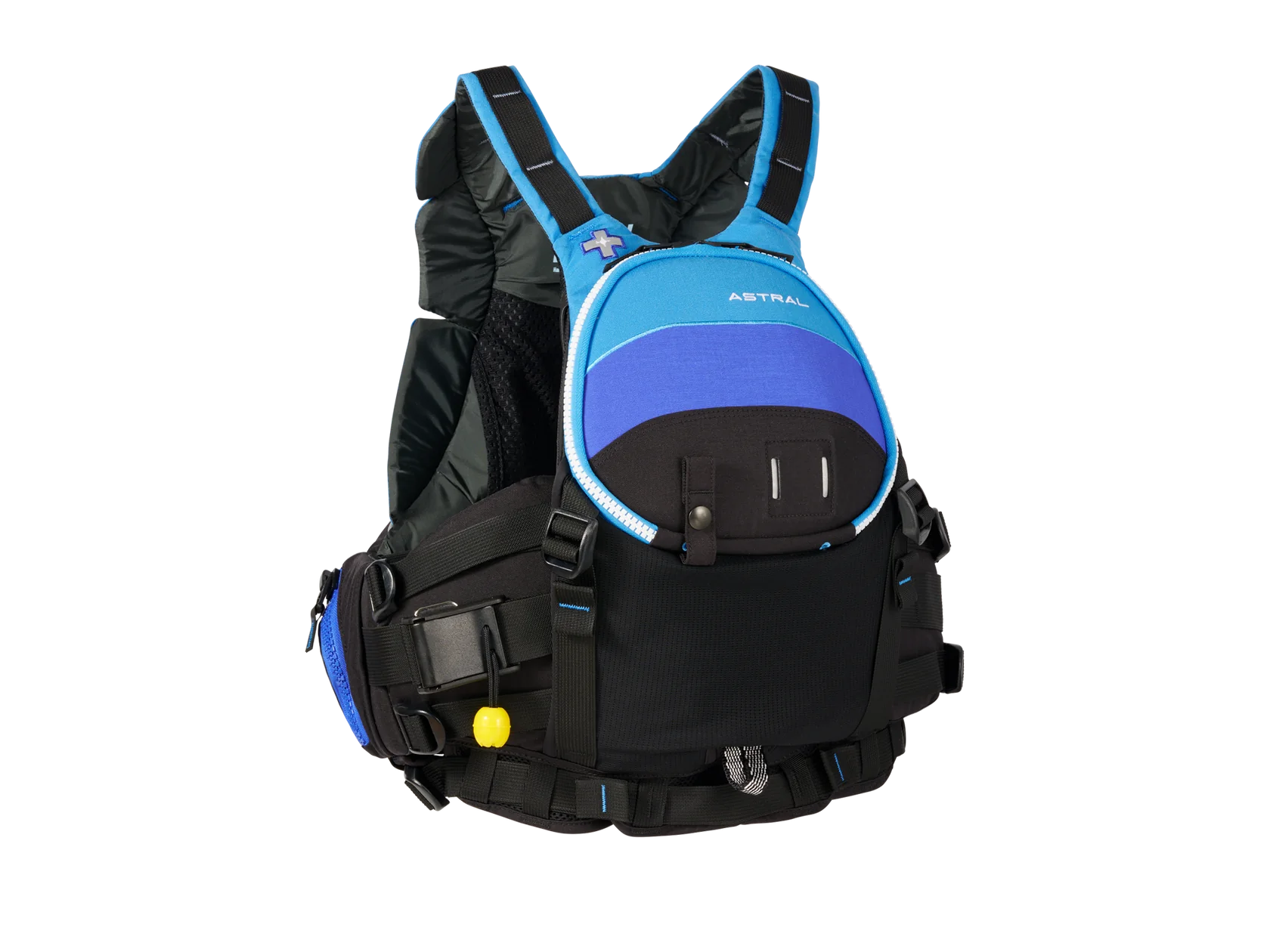 The Astral GreenJacket Rescue PFD is expertly crafted for outdoor water activities, featuring a blue and black design with multiple pockets and adjustable straps.