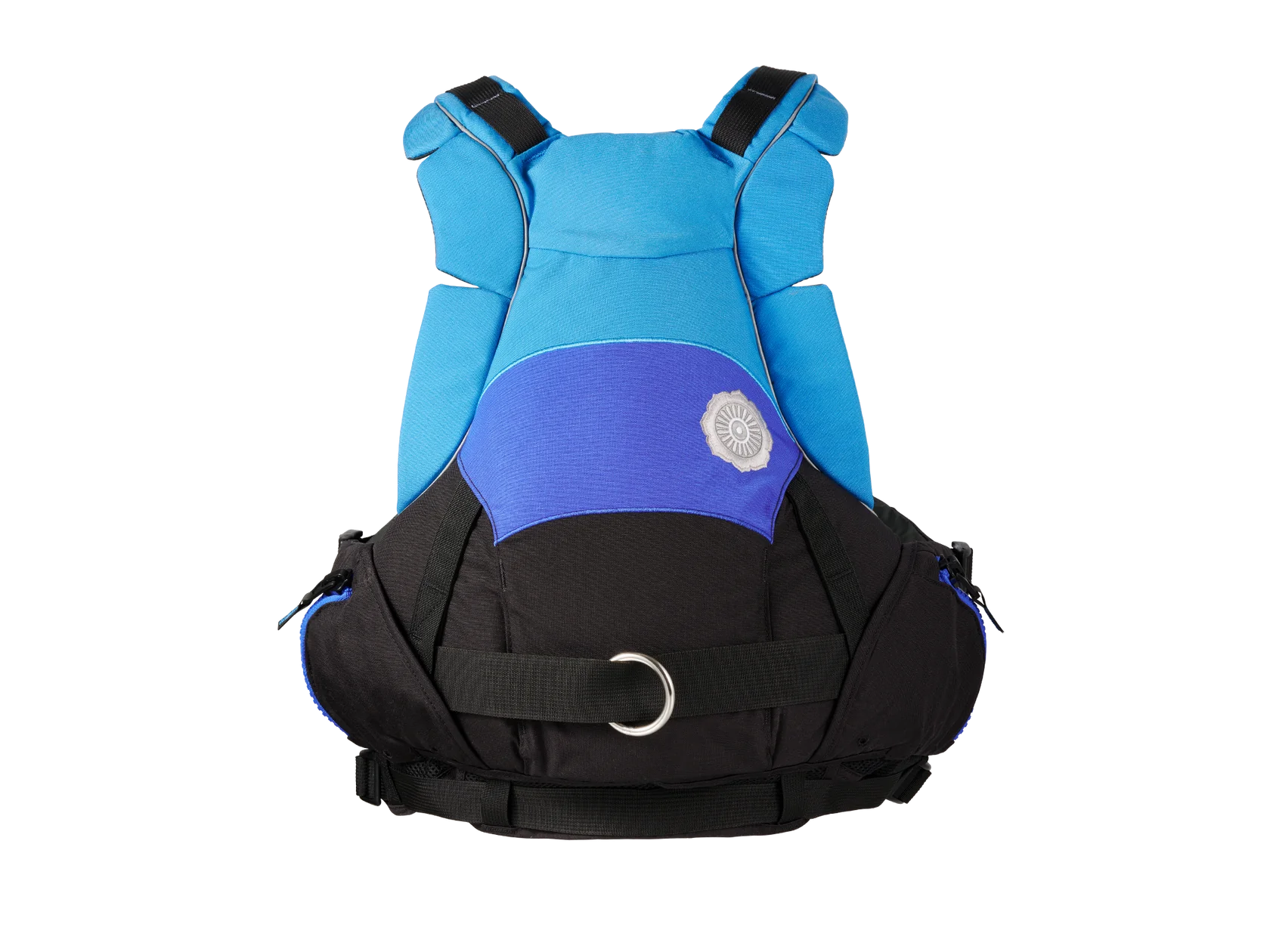 The GreenJacket Rescue PFD by Astral is a blue and black dog backpack with metal rings and adjustable straps, showcased on a white background, designed for optimal comfort in the Freestyle Tectonic style.