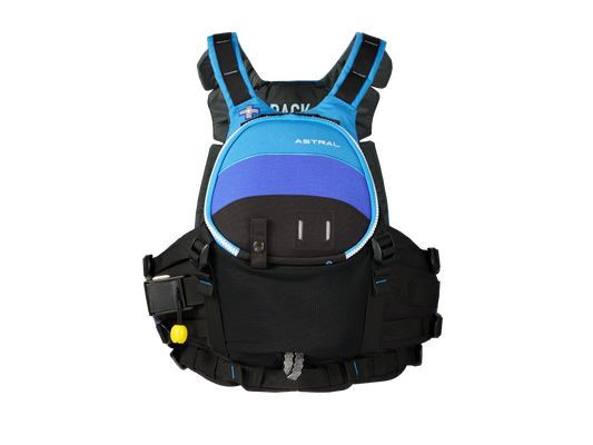 The Astral GreenJacket Rescue PFD, in blue and black, features multiple straps, pockets, and a front whistle for safety and convenience.