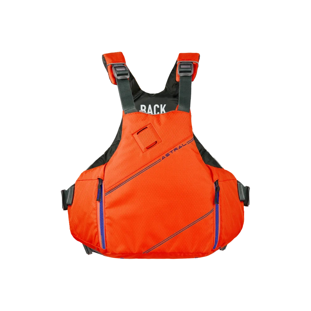 Bright orange YTV 2.0 PFD with black straps and multiple pockets, designed for water safety. Made from a recycled shell and featuring a low-profile design from Astral for added comfort.