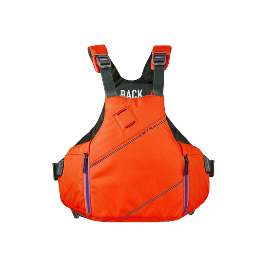 Bright orange YTV 2.0 PFD with black straps and multiple pockets, designed for water safety. Made from a recycled shell and featuring a low-profile design from Astral for added comfort.