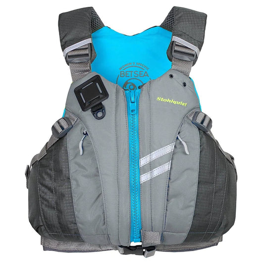 A Stohlquist Demo BetSea PFD in gray and blue, featuring multiple pockets and adjustable straps, perfect for demo equipment or local-pickup customers.
