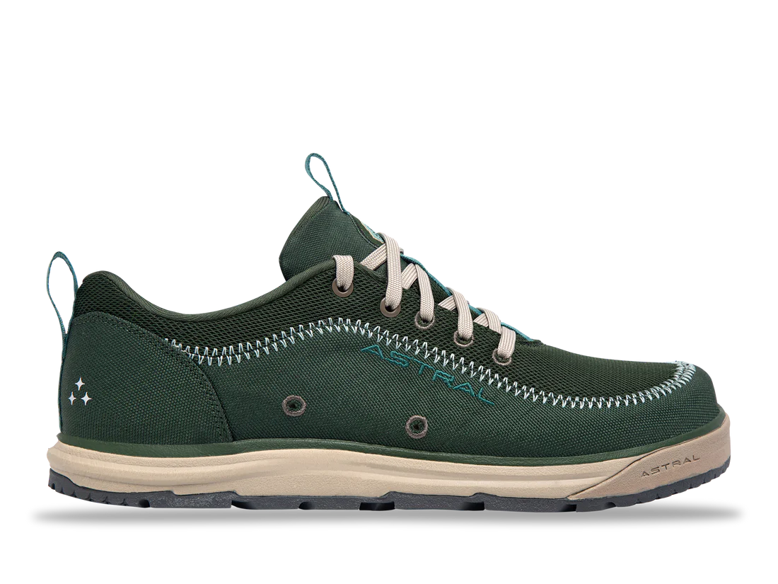 The Astral Brewer 3.0 is a green casual shoe featuring white laces, a beige sole, and hydrophobic canvas with stitching details. It showcases a star design near the heel and has loops on the heel and tongue, ideal for kayakers looking for style and functionality.