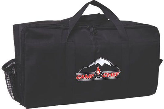 A black Everest 2X Carry Bag with the Camp Chef logo on it, made of durable fabric.