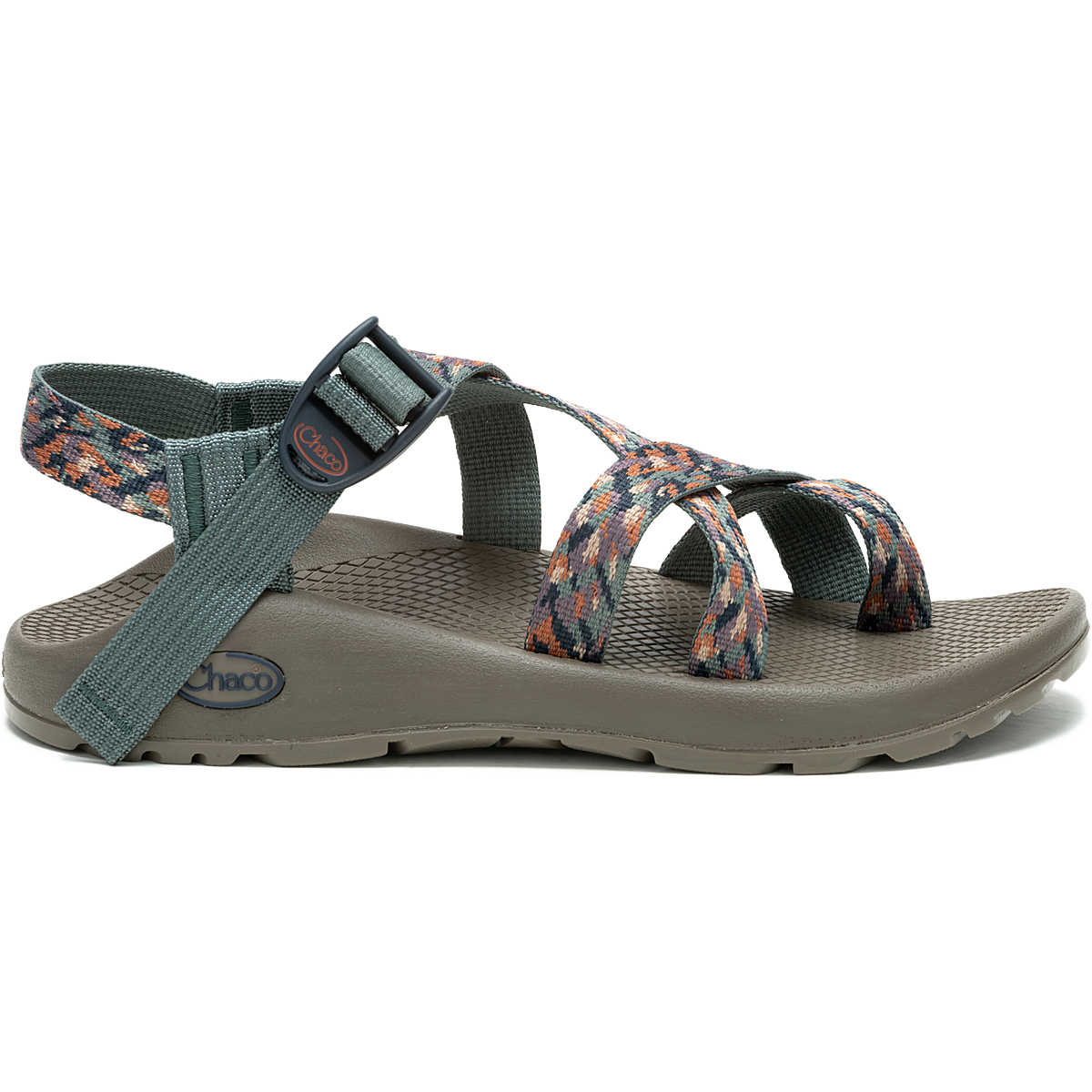 The Chaco Z2 Classic - Women's sandal features multicolored webbing straps, an adjustable buckle, gray footbed, and side branding—ideal for hiking and outdoor adventures.