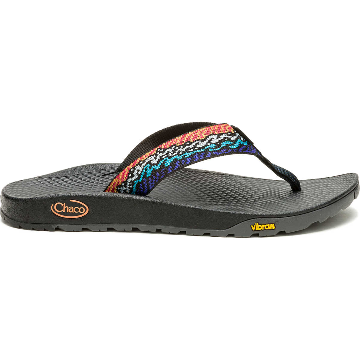 The Chaco Rapid Pro Flip Flop - Women's features a single black sandal with a textured sole, multicolored woven strap, and Chaco branding—perfect for top water performance.