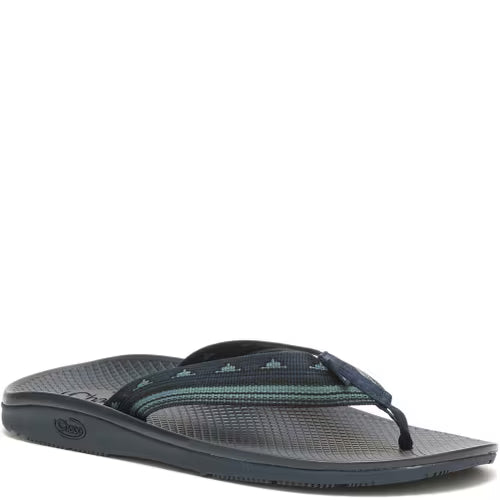 The Chaco Classic Flip - Men's features a black, textured sole and a fabric strap with green and blue stripes—ideal for those seeking durable flip flops. Shown here on a white background.