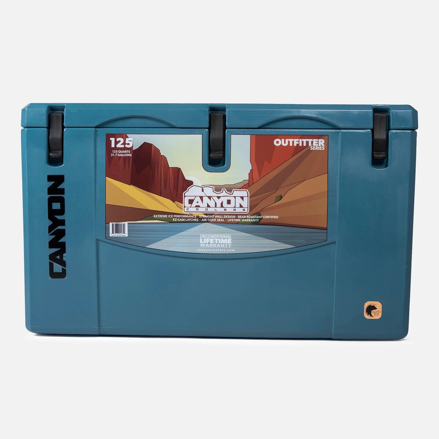 a blue Outfitter Series cooler with a lid on it from Canyon.