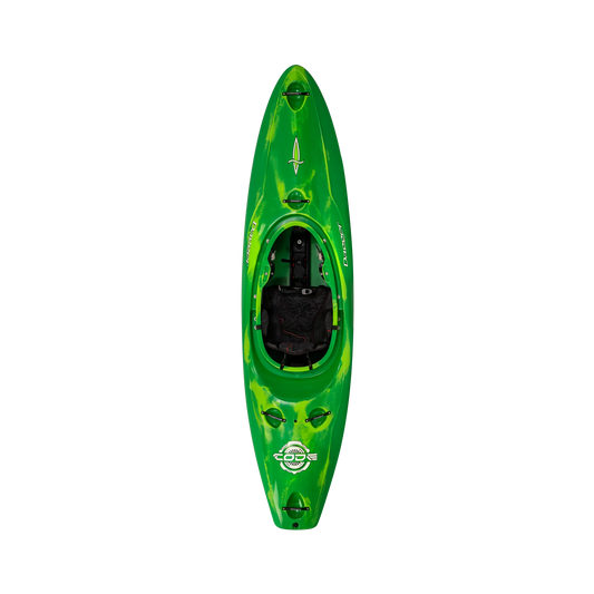 The Green Smoke Dagger Code creek whitewater kayak with new thigh brace system.