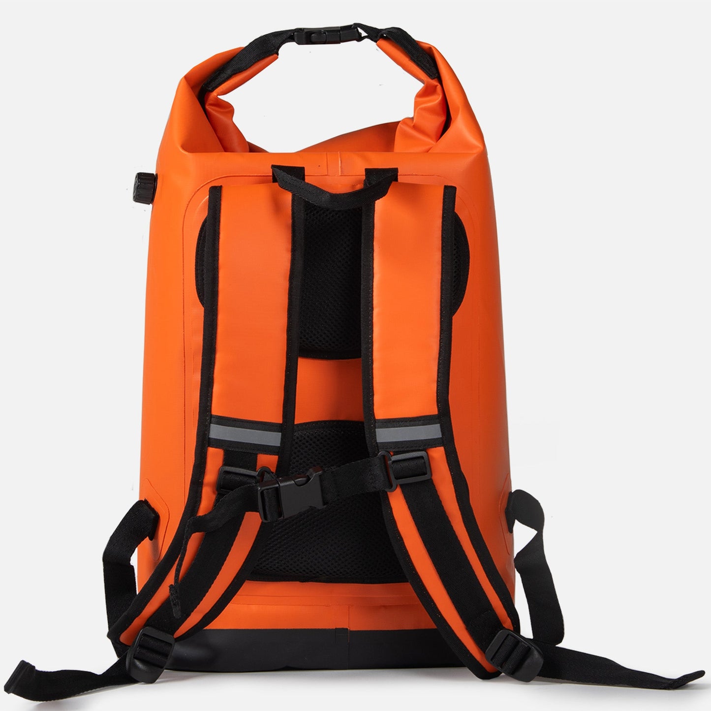 The Coulee Backpack Cooler by Canyon Coolers is bright orange with black adjustable, cushioned shoulder straps and reflective strips. Its roll-top opening adds a sleek touch, enhancing its practicality, as it stands upright against a plain background.