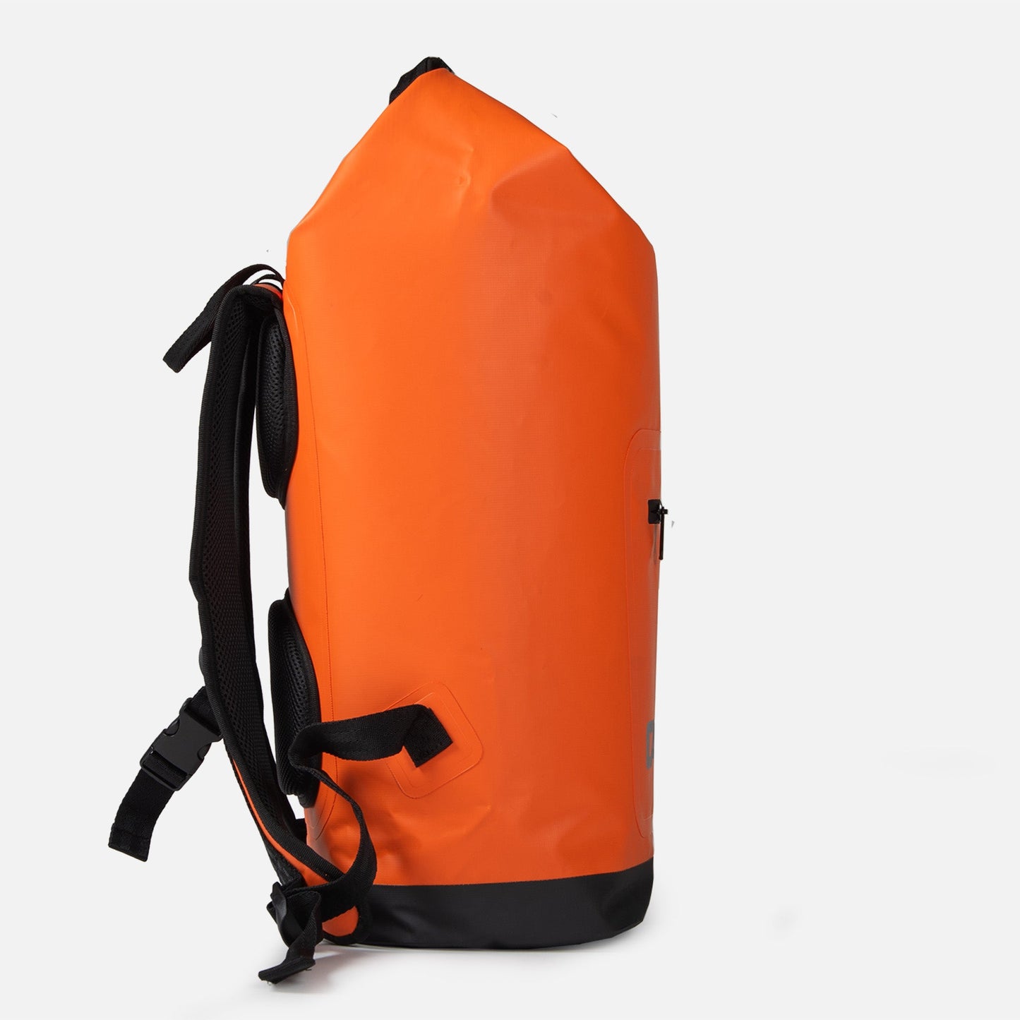 Side view of the orange Coulee Backpack Cooler by Canyon Coolers, featuring cushioned black straps, a zippered pocket, and a roll-top opening against a plain white background.