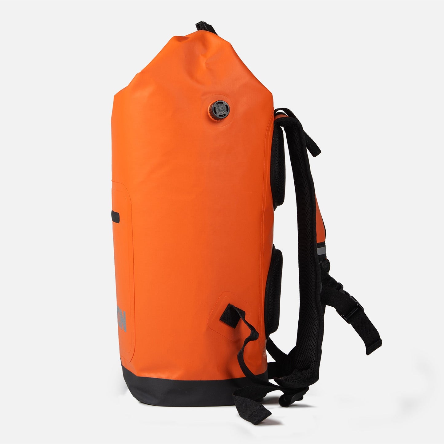 The Coulee Backpack Cooler by Canyon Coolers features a vibrant orange waterproof design with black cushioned straps and a roll-top opening. A small valve on the top right ensures your essentials stay dry and secure during adventures.