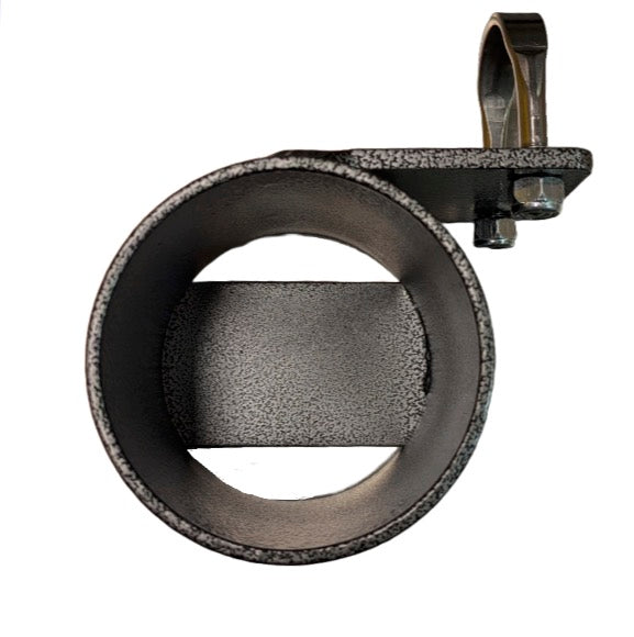 Close-up of a Rio Craft Cup Holder, featuring a metal cylindrical clamp with a flat vertical backplate and two bolts on top.