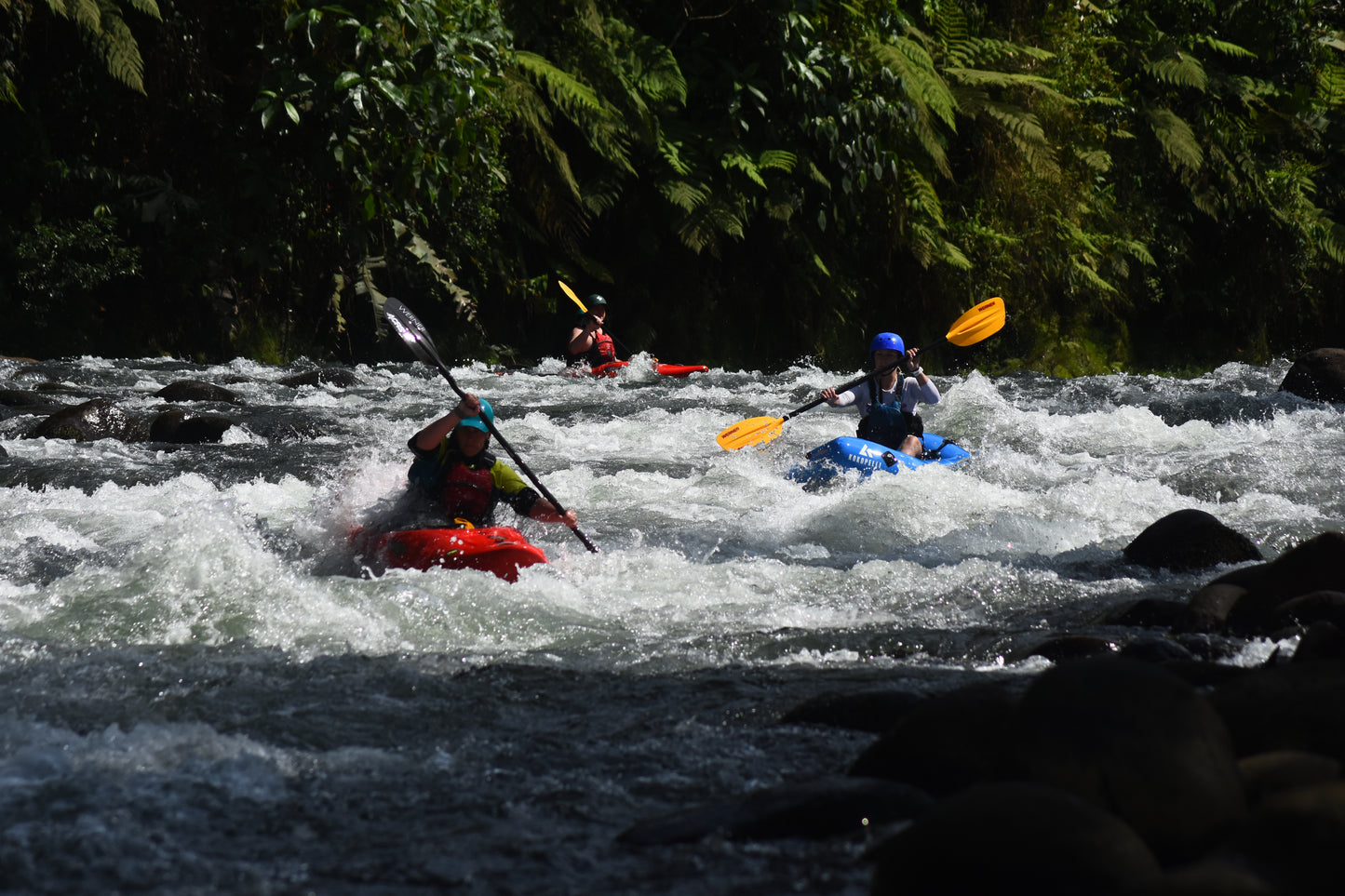Three kayakers navigate through turbulent waters surrounded by lush greenery, showcasing the skills refined during the Costa Rica Paddling Trip with 4CRS Paddle School.