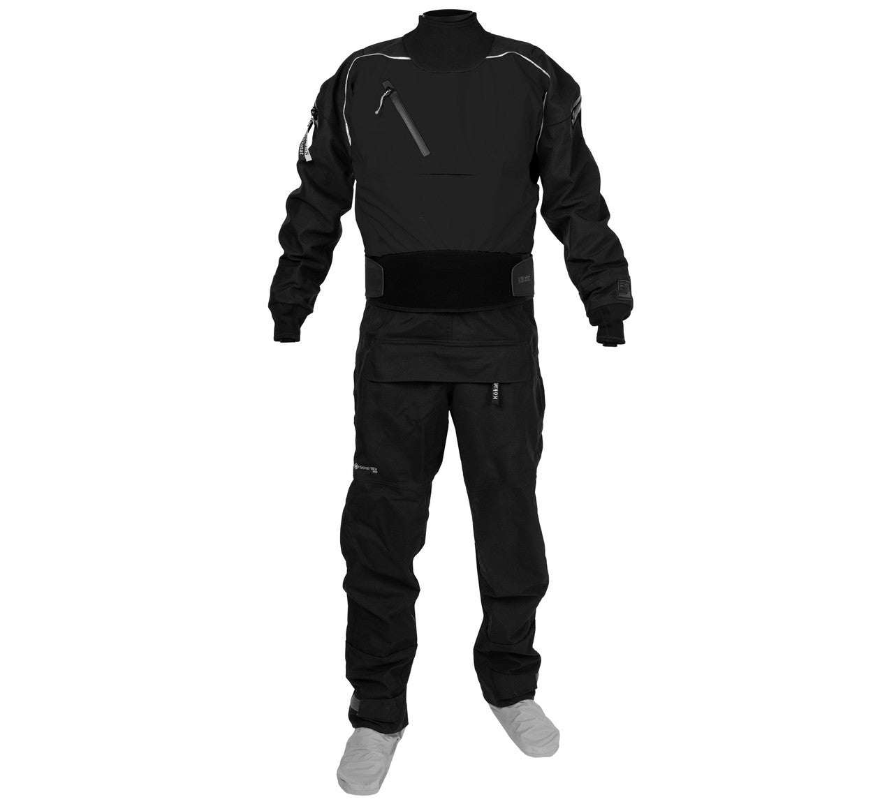 A man in a black suit is standing on a white background wearing the Retro Icon (GORE-TEX) Drysuit by Kokatat.