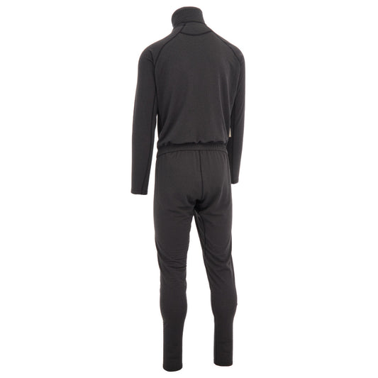 The Immersion Research Debrief Union Suit is a black, long-sleeved, full-length one-piece shown from the back, with a high collar and elastic waistband—crafted from Polartec Power Grid fleece for warmth.