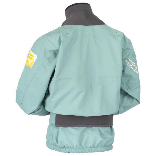 A light blue and grey Devils Club Drytop jacket with a high collar, featuring a logo on the left sleeve and the text "IMMERSION RESEARCH" on the right shoulder. The image shows the back of this waterproof breathable shell, perfect for paddler gear enthusiasts.