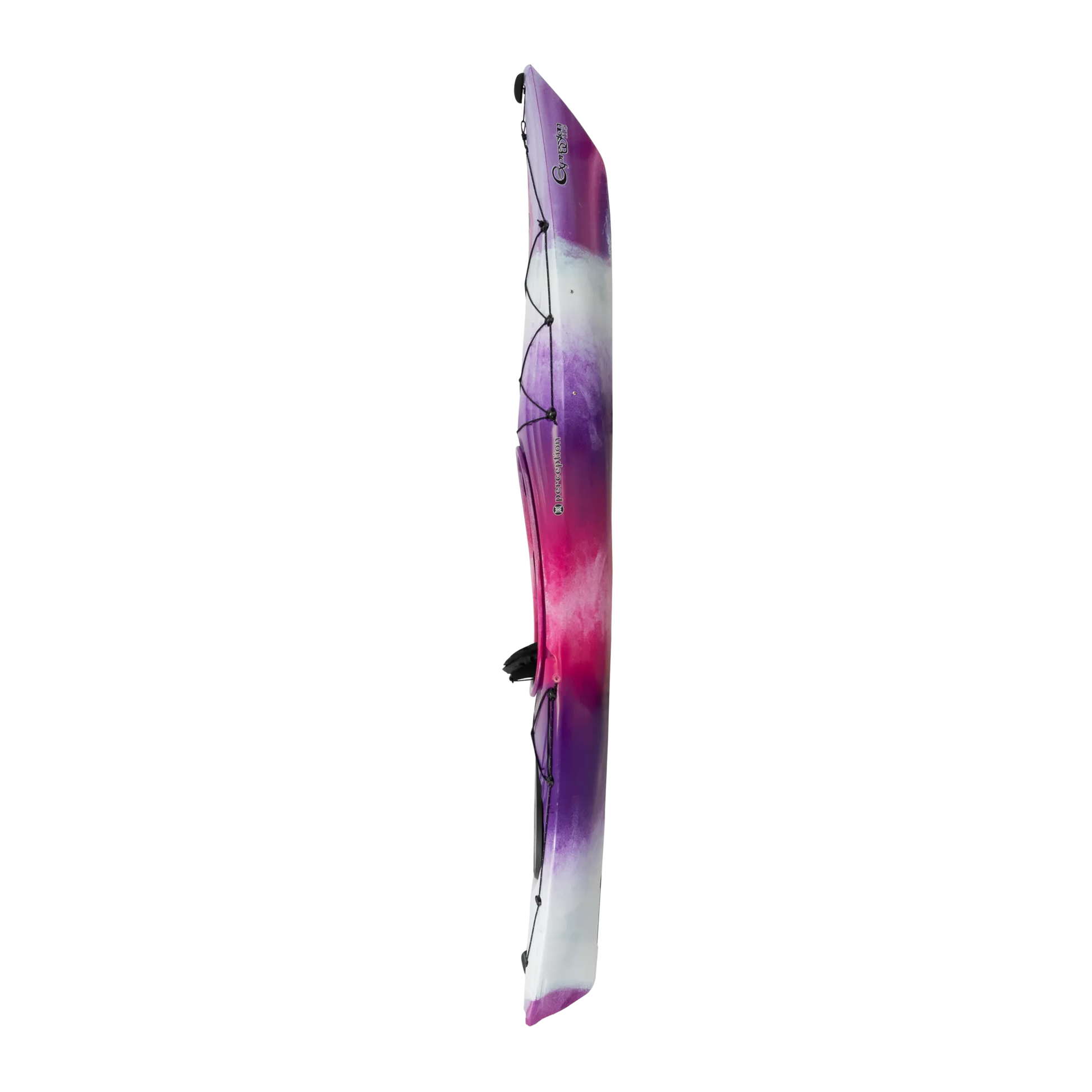 A Perception Expression 11.5 kayak with a purple and pink design leaning against a black background with white lines, designed for performance touring.