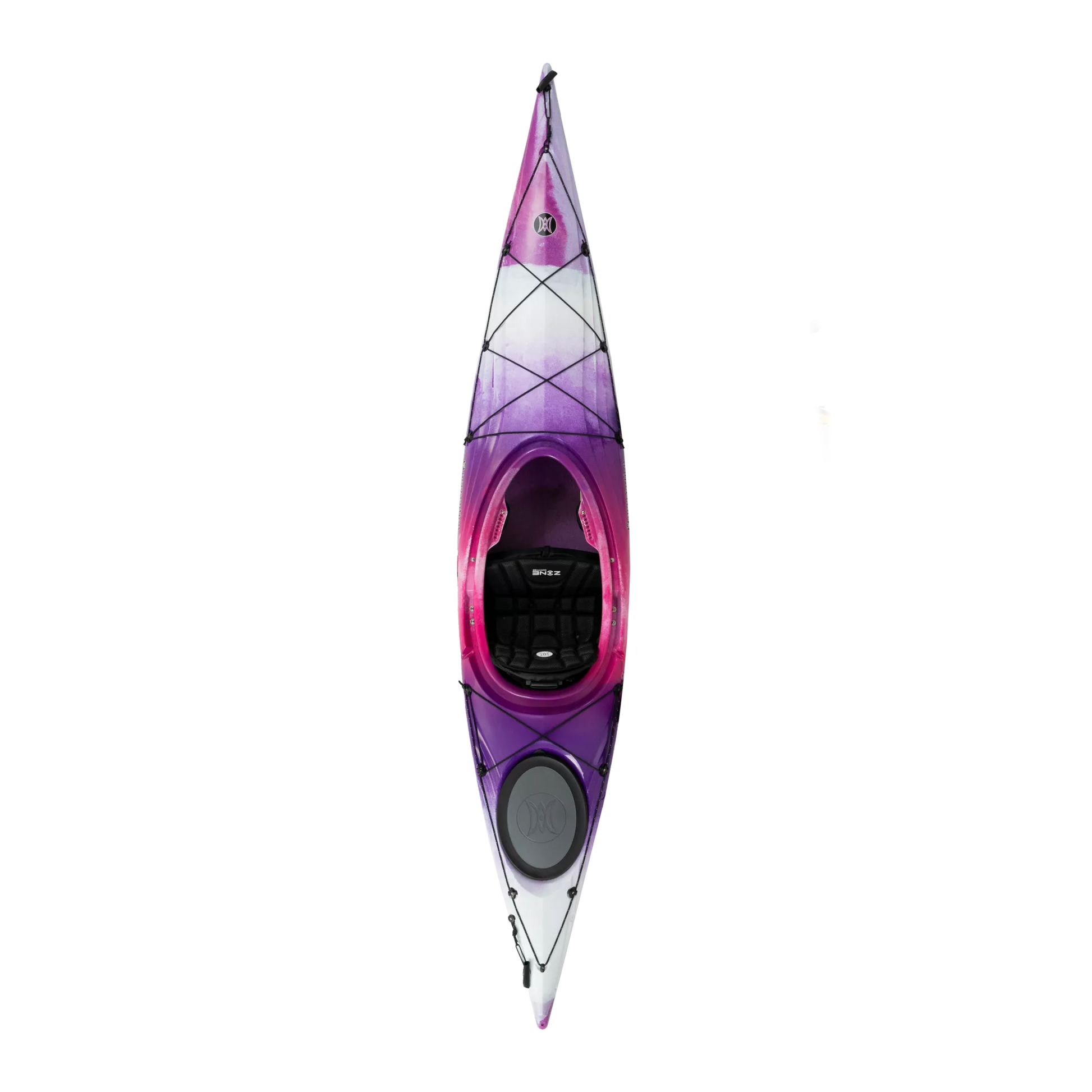 A purple Perception Expression 11.5 performance kayak positioned vertically on a black background with white horizontal lines.