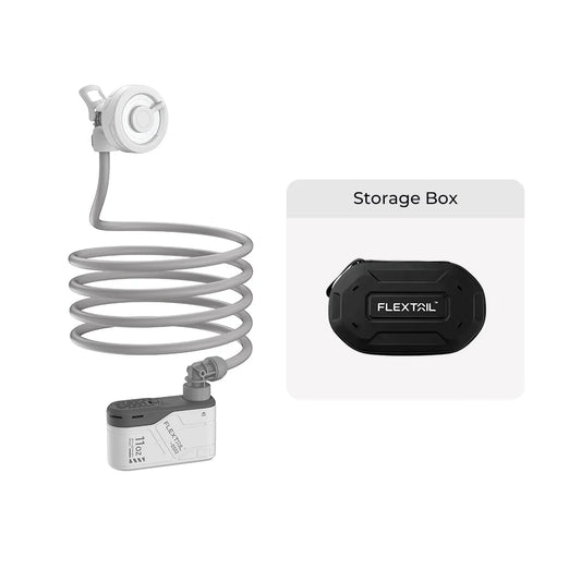 The Flextail MAX Shower includes a compact air pump with a coiled hose and comes with a sleek black storage box, making it ideal for powering your ultra-portable shower.