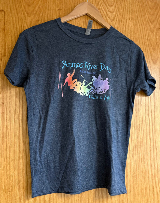 The 4CRS ARD Shirt 2025 is a dark gray limited-edition tee featuring a vibrant Animas River Days design with kayakers and “Water is Life!” on the front—ideal for Durango event fans.