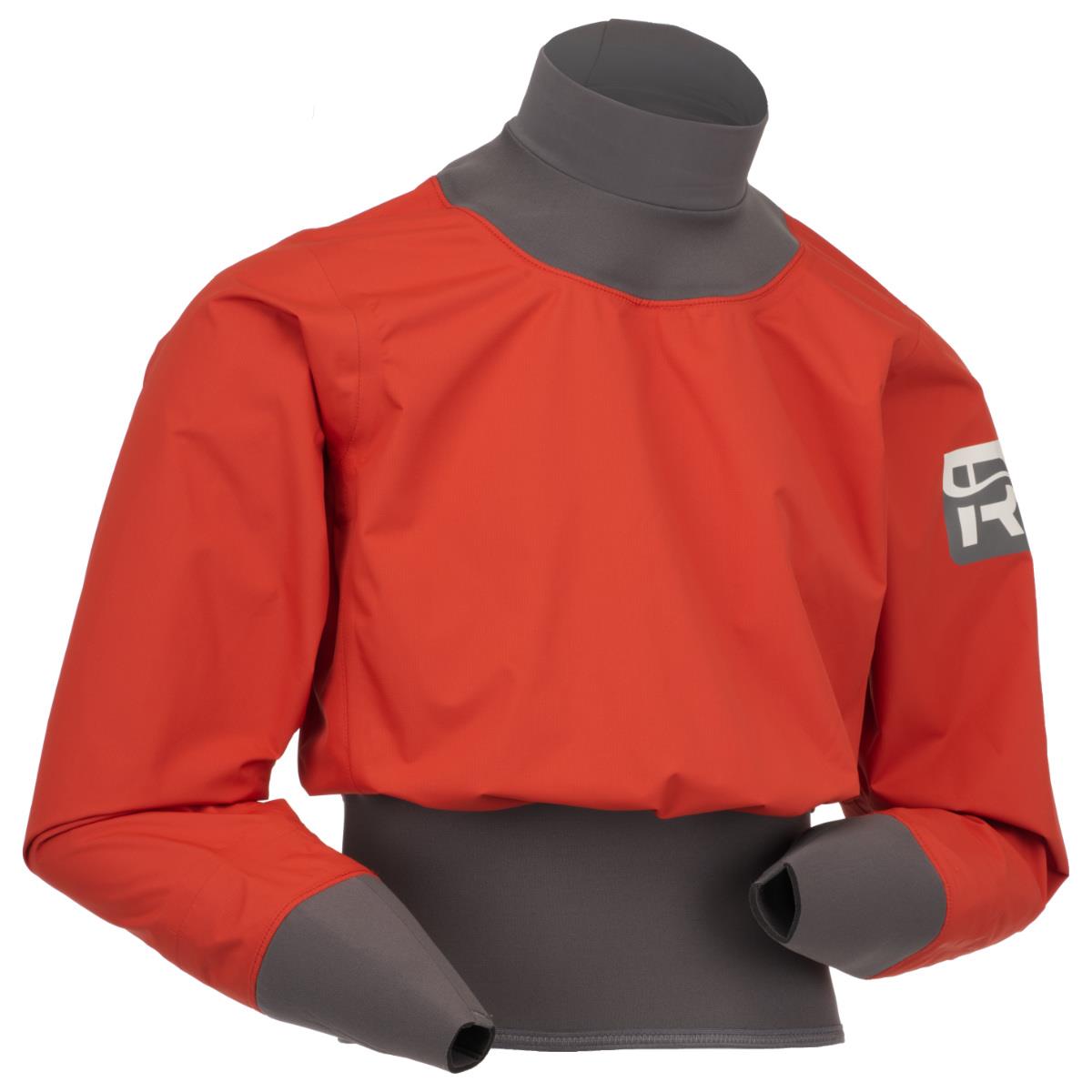 A red Immersion Research Nano Long Sleeve Paddle Jacket featuring gray latex seals at the neck, wrists, and waist, displayed on a plain mannequin torso.
