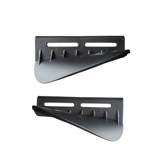 Two identical black plastic wall-mounted brackets, LiquidLogic Gorilla Grip Thigh Hooks, feature slotted holes and angled supports—ideal for securing kayak control accessories. Both are shown on a white background.