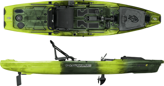 Top and side view of the green Hammer 12'10 pedal drive fishing kayak by Native Watercraft, featuring multiple storage compartments and designed for anglers seeking efficient, hands-free propulsion.